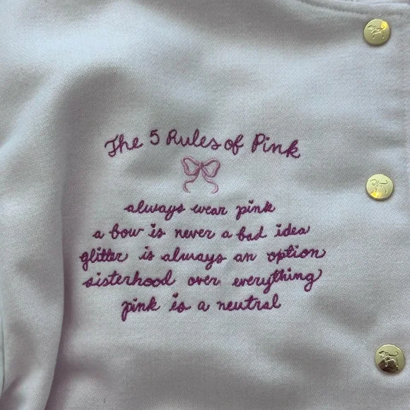 LoveShackFancy Pink and White Varsity Jacket with Embroidered P Patch - Picture 3 of 7